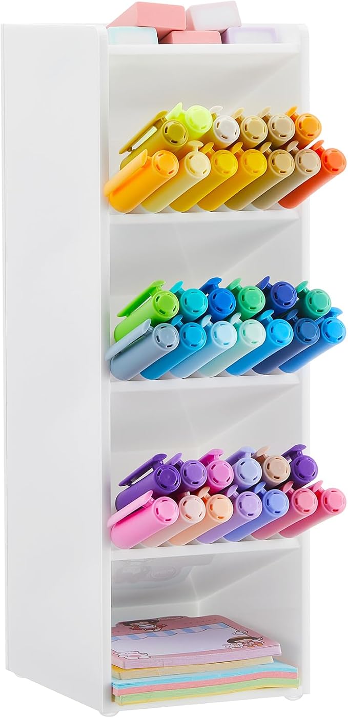 MotiMind Acrylic Pen Organizer Storage for 50 Markers Vertical Marker Organizer Acrylic Pen Display Holder for Office Desk Desktop Stationery Pencil Storage, White, 3.4 x 4 x 10.2 Inch