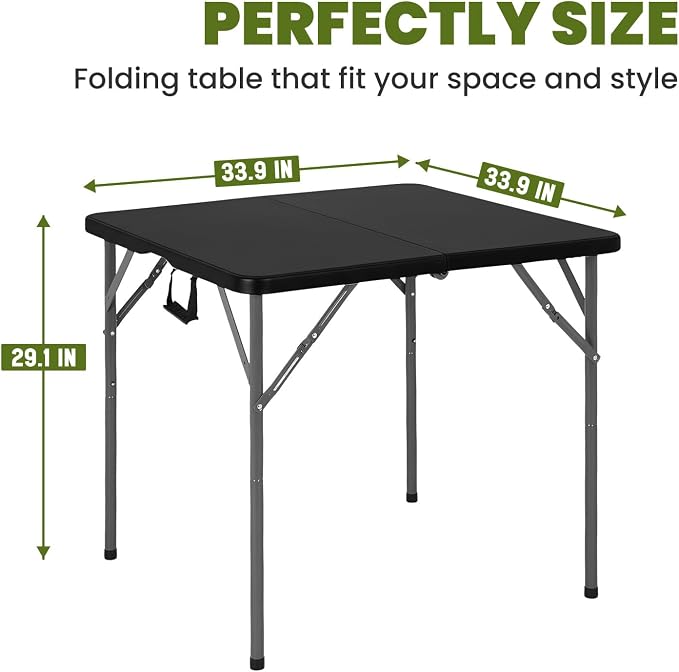 FDW 34" Square Plastic Folding Card Table, Portable Fold-in-Half Plastic Picnic Party Table with Carrying Handle, Black