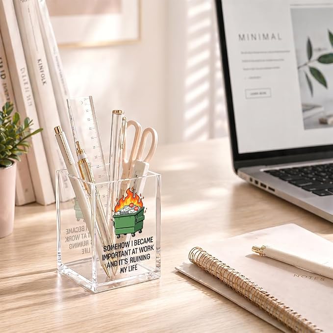 Somehow I Became Important At Work Dumpster Fire Pencil Holder Cup | It's Ruining My Life Sarcastic Work Gifts for Women Men Coworkers Friend Leader, Workplace Humor Decor Gifts, Desk Organizer