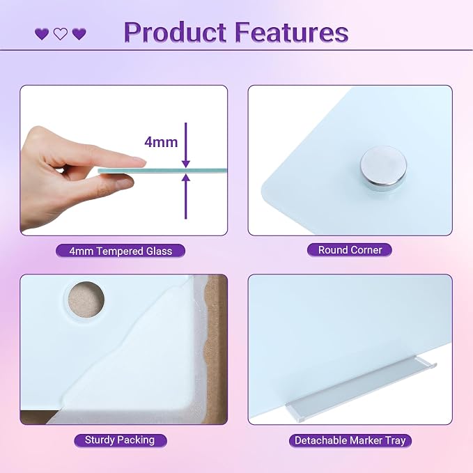 Magnetic Glass Whiteboard - 36” x 24” Glass Dry Erase Board for wall, Frameless Glass WhiteBoard for Office, Home & School