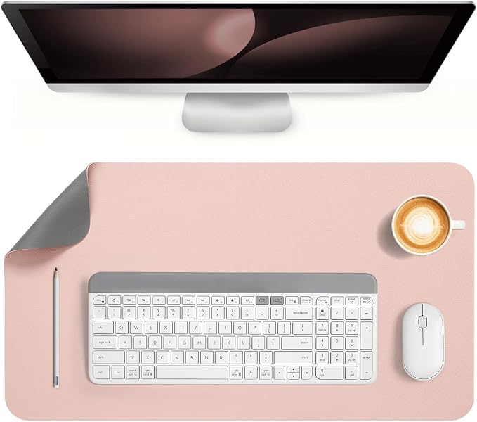Dual Sided Desk Pad Faux Leather Desk Mat Large Mouse Pad | Desk Pad Protector Non-Slip Waterproof Desk Mouse Pad for Writing Desk, Office, Home(Pink Gray 23.6"X13")