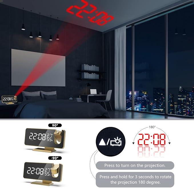 Projection Digital Alarm Clock for Bedrooms, Alarm Clock Radio on Ceiling | USB Charger Port, Temperature & Humidity Display, 7.3” Large Mirror LED Display,12/24H,Snooze,Dual Loud Clock- 4 Dimmer