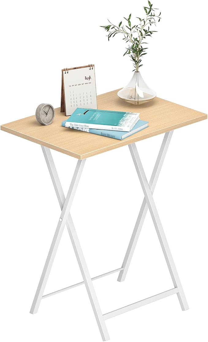 HOOBRO Folding TV Tray Tables, Set of 2 Side Table for Small Space, Industrial Snack Tables for Eating at Couch, Stable Metal Frame, Easy Assembly, Space Saving, Natural and White WN25BZ01