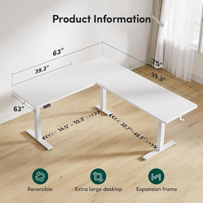 FEZIBO 75" x 63"L Shaped Standing Desk Adjustable Height, Electric Stand up Corner Computer Desk, Sit Stand Home Office Desk with Splice Board, White