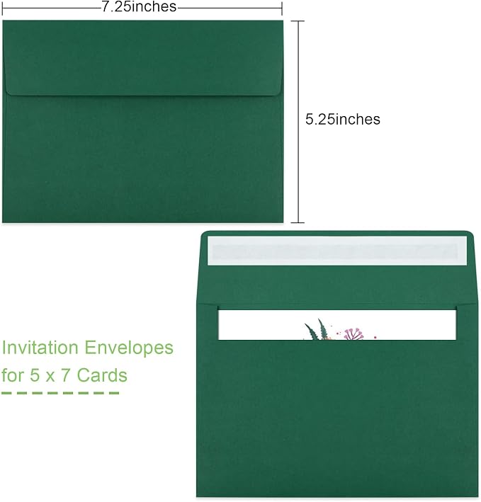 50 Packs 5x7 Envelopes, A7 5x7 Envelopes for Invitations, Printable Invitation Envelopes Self Seal for Weddings, Invitations, Photos, Greeting Cards, Mailing (Dark Green)