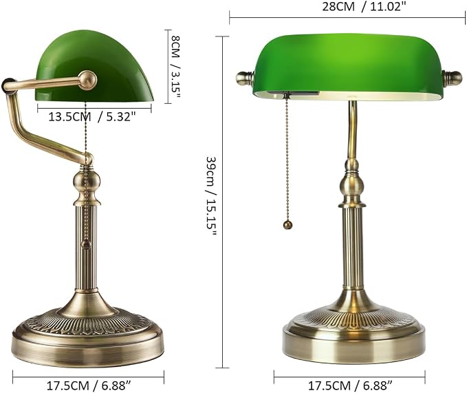 Green Glass Bankers Desk Lamp with Pull Chain Switch Plug in Fixture for Home Office