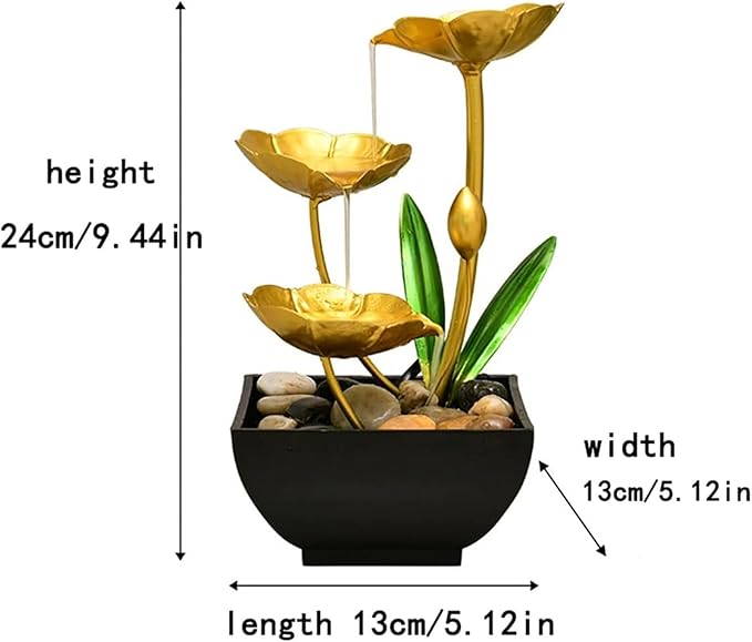 Gold Tabletop Water Fountain, Spring Decor Desktop Waterfall, Indoor Lotus Desktop Decorative Fountain, Home Bathroom Bedroom Decor.