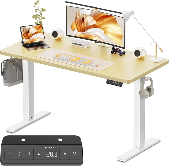 WALKINGDESK 40x24 Inches Height Adjustable Electric Standing Desk with 2 Hooks for Home Office, Ergonomic Sit Stand up Desk with Splice Board, Oak