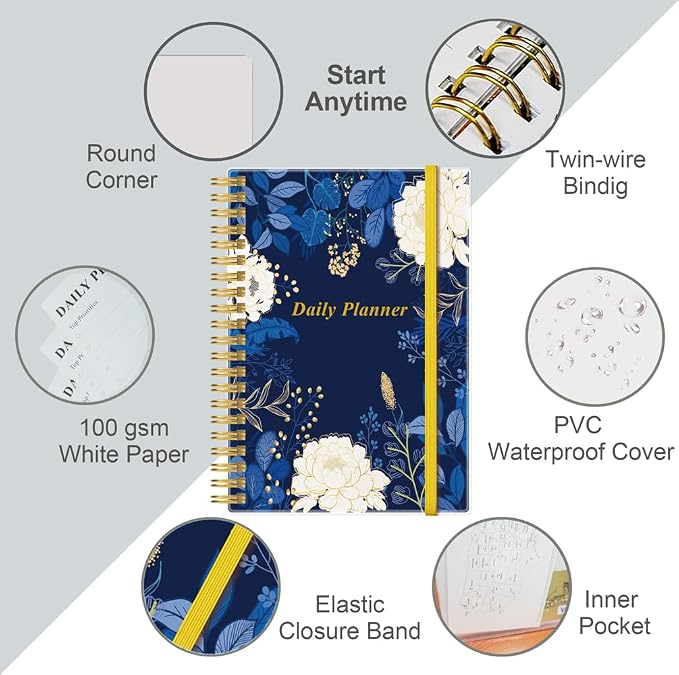 Daily Planner Undated - A5 To Do List Notebook Hourly Schedules, Spiral Appointment Planner for Women and Men, PVC Hardcover, Inner Pocket, Elastic Closure, 5.8" x 8.3", Blue Leaf Flower