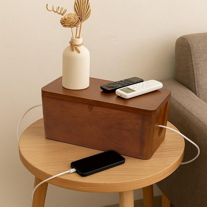 Mango Cable Management Box - Rustic Design (Natural, Extra Large) | Mango Wood, Cable Organizer, Rustic Style, Modern Design, Desktop Storage