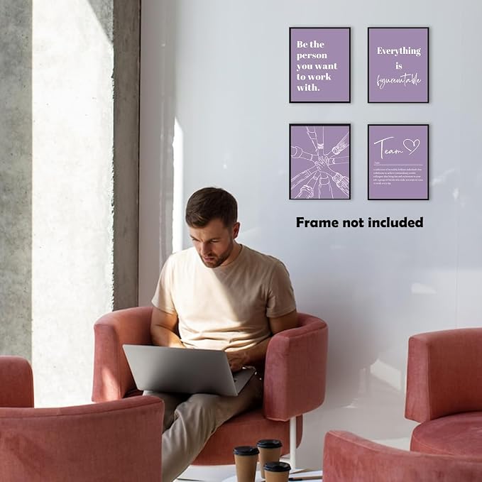 XWELLDAN Be The Person You Want to Work With Team Work Wall Art Decor, Inspirational Motivational Wall Decor for Office, Office Artwork Wall Decor, 8x10 Unframed Set of 4(purple)