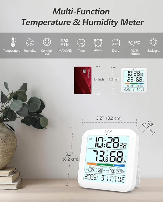 Mini Digital Indoor Thermometer Hygrometer Clock, Room Temperature Humidity Monitor with Calibration, Backlight, Air Comfort Indicator, 24H Max Min Record, Time, Alarm for Home (Size：3.2"x 3.2")