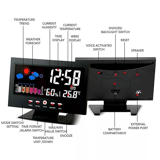 ikaufen Weather Station Wireless Indoor Thermometer Temperature Desk Digital Alarm Clock Weather Thermometer LED Temperature Humidity Monitor