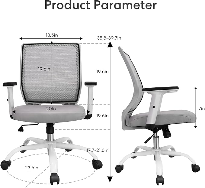 Ergonomic Office Chair Home Mesh Desk Chair with Adjustable Arms - Mid Back Computer Chairs for Adults - Swivel Task Chair Comfortable for Home Office (White &Grey)