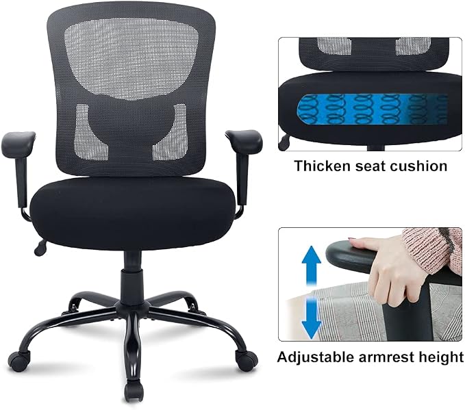 Big & Tall Office Chair Heavy Duty 400LBS Computer Desk Chair Ergonomic Task Rolling Swivel Mesh Chair with Lumbar Support & Adjustable Armrest Executive Chair for Women Men, Grey