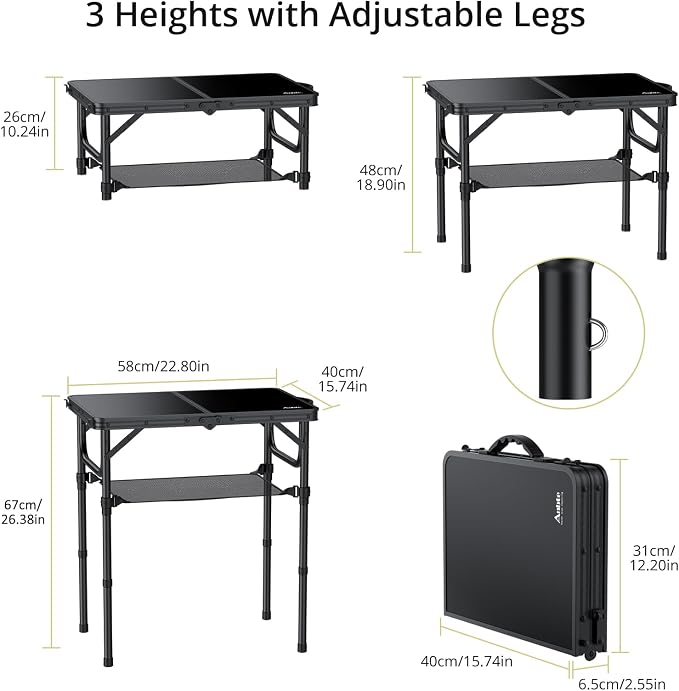 Anbte 2ft Folding Camping Table with Storage Net, 3 Adjustable Heights Small Folding Table Lightweight & Portable with Carry Handle, for Camping, Fishing, Picnic, Beach, Outdoor, 22.8" x 15.7", Black