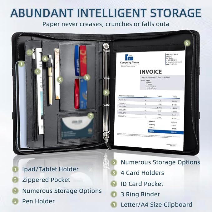 Zippered Padfolio Portfolio Binder, 40 Sleeves & Tablet Holder Case | Features 40 transparent sleeves, tablet pocket & writing pad. Textured leather for office & travel. Secure zipper closure.