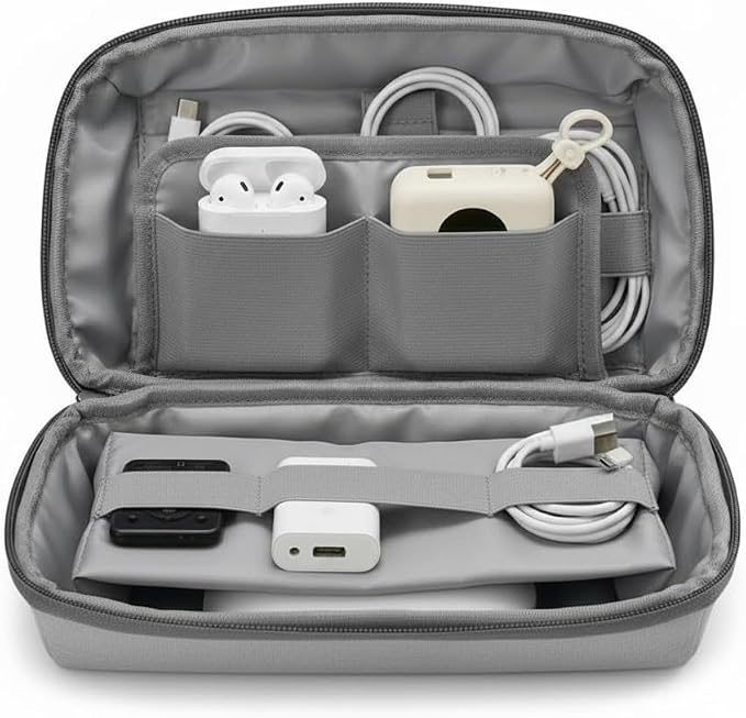 Electronics Organizer for Chargers, Cables, Power Bank, USB Drives & Tech Accessories – Travel Tech Pouch with 2 Reusable Cable Straps, Water-Resistant Travel Case for Backpack & Carry-On