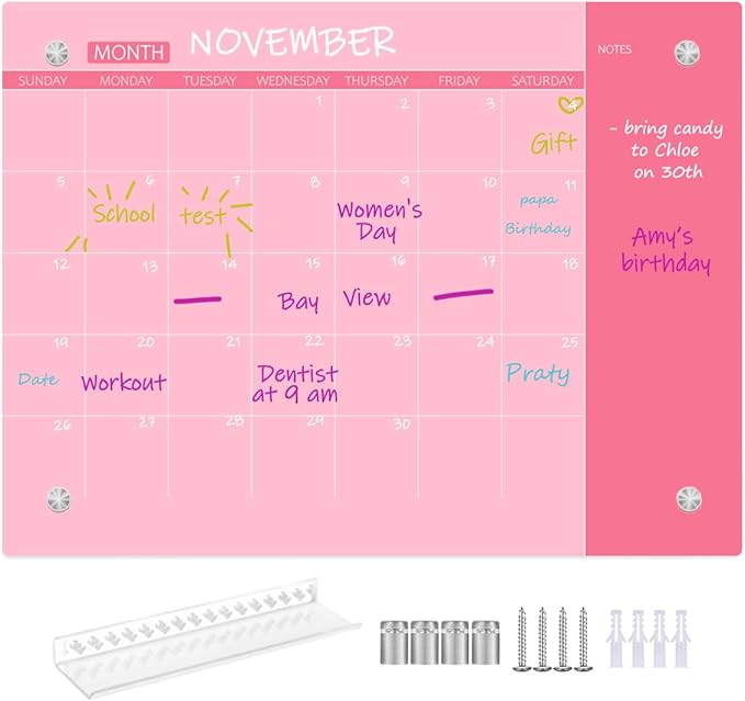 Glass Dry Erase Whiteboard,Monthly Calendar Whiteboard,12" x 16",Frameless Glass White Board for Home,School,Office,Pink Surface(GlassA-PK-3040)