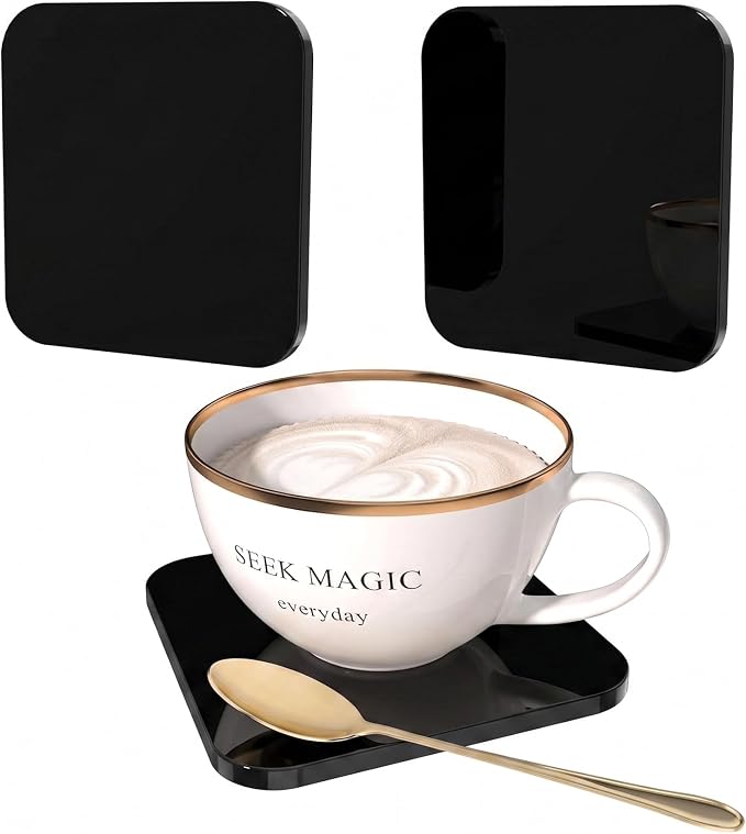 2 PCS Acrylic Coasters, Aesthetic Drink Coaster for Coffee Table, Clear Heat-Resistant Decorative Plates for Home Office Desk, Scratch-Proof Cup Protector for Kitchen Bar (Square Black 4'' 2 Pcs)