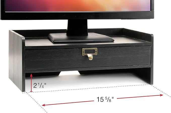 EXCELLO GLOBAL PRODUCTS Wooden Monitor Stand: Includes Drawer for Desktop Organization of Notebooks, Pens, Pencils & Office Supplies (Black)