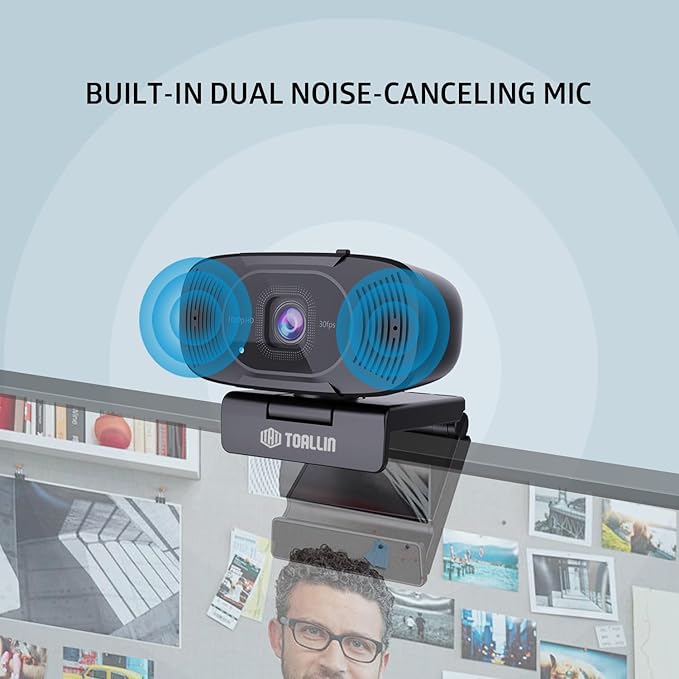 TOALLIN 1080P FHD Auto-Focus Webcam with Dual Microphones, Computer Web Camera, 90° Wide Angle, Privacy Shutter, USB Webcam for Video Calls