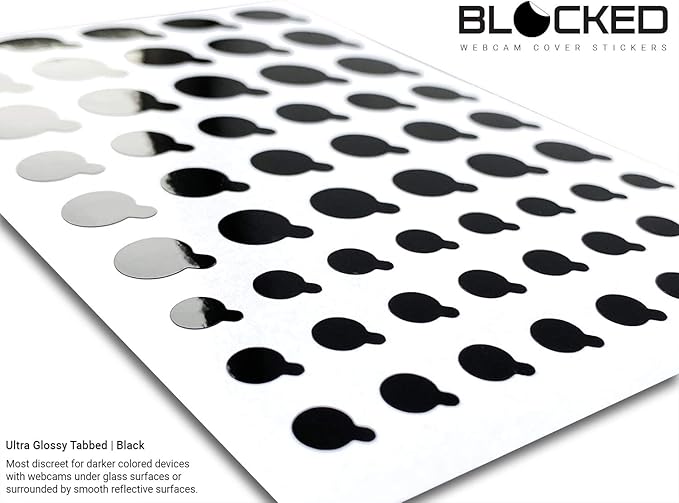 Blocked Original Vinyl Webcam Cover Stickers | Restickable & Stackable Privacy Covers | for All Camera-endable Devices | 3-Sizes | 57 Black Tabbed (Ultra Glossy)