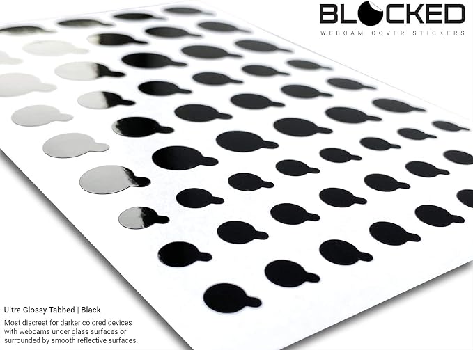 BLOCKED Original Vinyl Webcam Cover Stickers | Restickable & Stackable Privacy Covers | for All Camera-endable Devices | 3-Sizes | 57 Black Tabbed (Ultra Glossy)