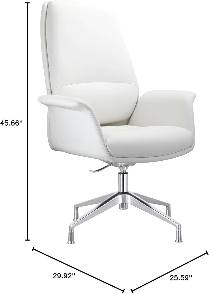 LeisureMod Mid-Century Modern Swivel Office Chair, Adjustable Height with Faux Leather Seat and Aluminum Frame, White