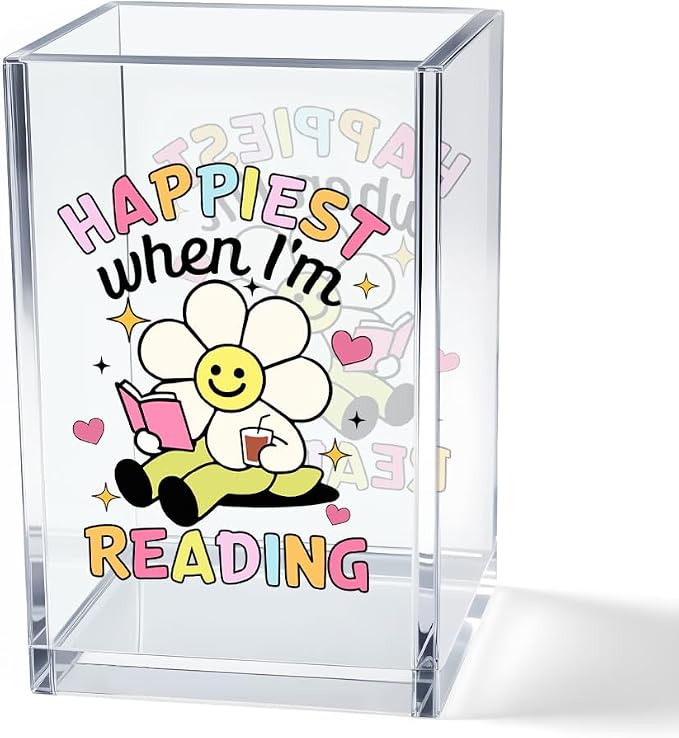 Happiest When I'm Reading Acrylic Cosmetic Pencil Pen Holder Cup, Boho Bookish Desk Organizer Accessories, Bookworm Gifts, Book Lover Gifts for Women Girl Book Club Member Daughter Student