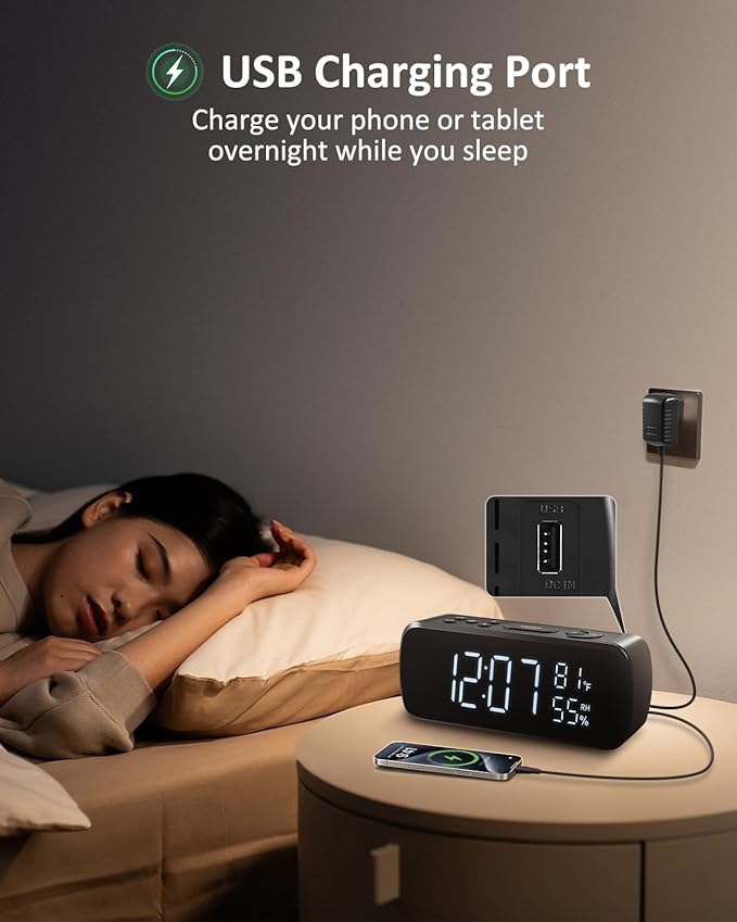 G Keni Digital Alarm Clock with FM Radio for Bedroom | 2 Alarms with Large LED Display,Snooze,USB Charger,Preset, Dimmer,Sleep Timer,Temperature,Relative Humidit,Adjustable Volume