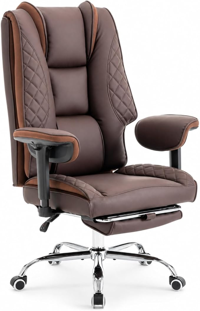 Big and Tall Office Chair，Heavy Duty Wide Executive Office Chair (Brown) | Breathable Leather，Double-layered Backrest，Seat Cushion Designed of Deluxe Embroidery Leather，Foot Rest, Adjustable Armrests