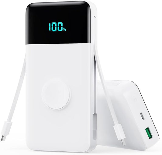 Portable Charger Power Bank 40800mAh with Built-in Cables,25W Fast Phone Charging Portable Battery Pack,5 Outputs Travel Essentials Outdoor External Battery for iPhone 17/16,Galaxy Android etc-White