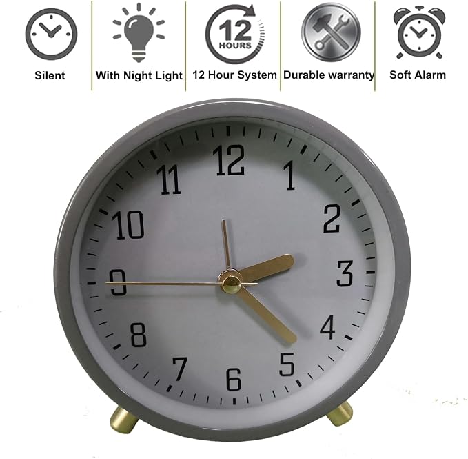 SHISEDECO Small Analog Alarm Clock, Battery Operated Desk Clock,Grey | Bedside Analog Non-Ticking Silent Small Deskclock Battery Operated for Living Room, Bedroom, Office