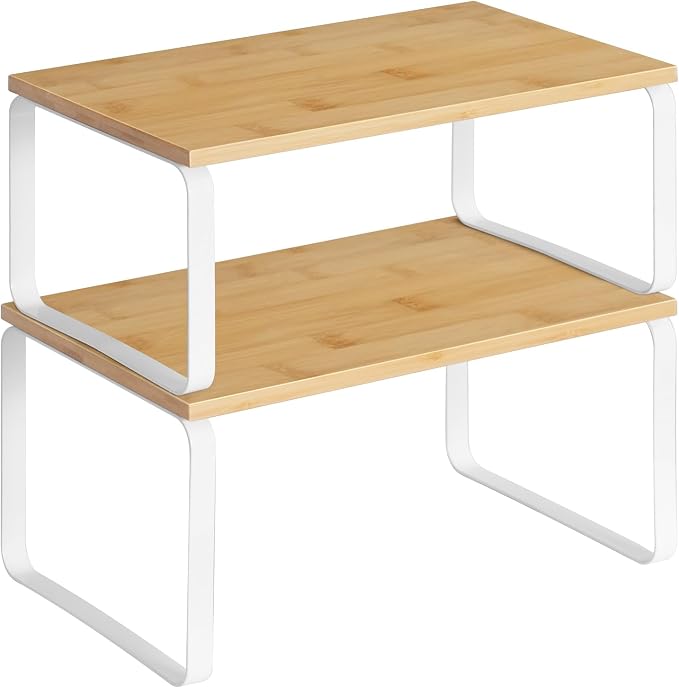 HOOBRO Cabinet Organizer Shelf, Set of 2 Kitchen Counter Shelves, Expandable Kitchen Storage, Stackable Bamboo Spice Rack, for Kitchen, Countertop, Office Desk, Bathroom, Natural and White YW30TL01
