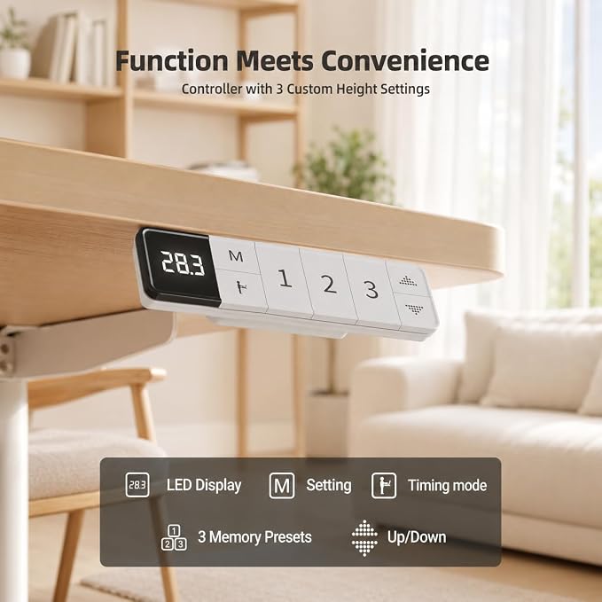 Claiks Electric Standing Desk, 48x24 Inch, Nature | Adjustable height for sit-stand, 156lbs capacity, scratch-resistant surface, 3 memory presets, cable management & hook.
