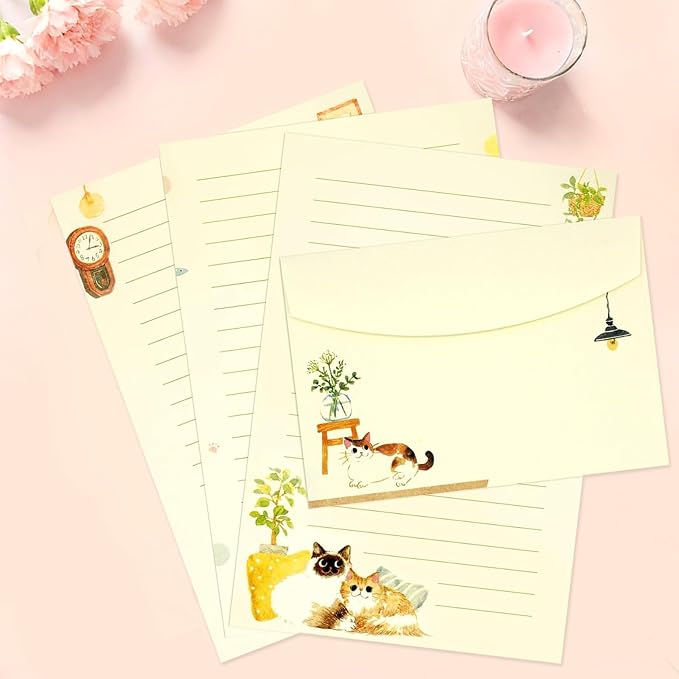 37 Pcs Stationery Paper Envelopes Set Includes 24 Lined Writing Paper & 12 Envelopes with 48 Colorful Round Dot Stickers, Cute Cat Letter Writing Stationery Paper Envelopes Gift (4Style)