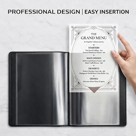 2-Pack Classic Black Vegan Leather Menu Cover with Embossed MENU Design 8.5x11 4 Page 8 View Clear Sleeves Restaurant Menu Holder Presentation Folder Portfolio Binder Sheet Music Professional