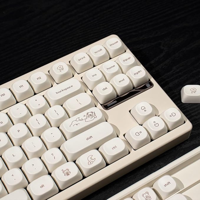MOA Profile Cute Bear Keycaps, 124keys PBT Keycaps Set, Minimalist White Keyboard Key Caps, Custom Dye Sublimation Keycap for 61/64/68/84/87/100/104/108 Cherry MX Mechanical Keyboards(124 Keys)