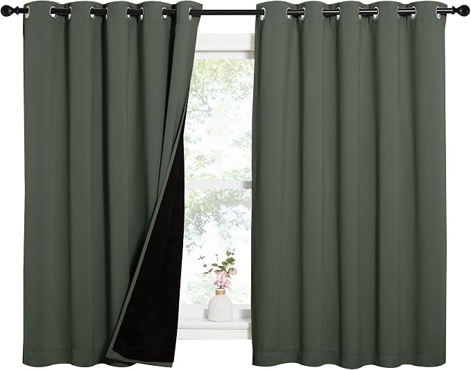 NICETOWN Dark Mallard 100% Blackout Lined Curtains, 2 Thick Layers Completely Blackout Window Treatment Thermal Insulated Drapes for Kitchen/Bedroom (1 Pair, 62" Width x 63" Length Each Panel)