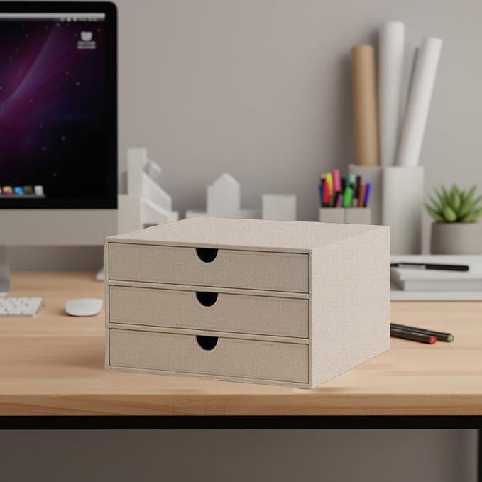 UnionBasic Document Organizer, 3-Drawer File Cabinet Document Storage Box, Office Desktop Filing Organizer, Beige
