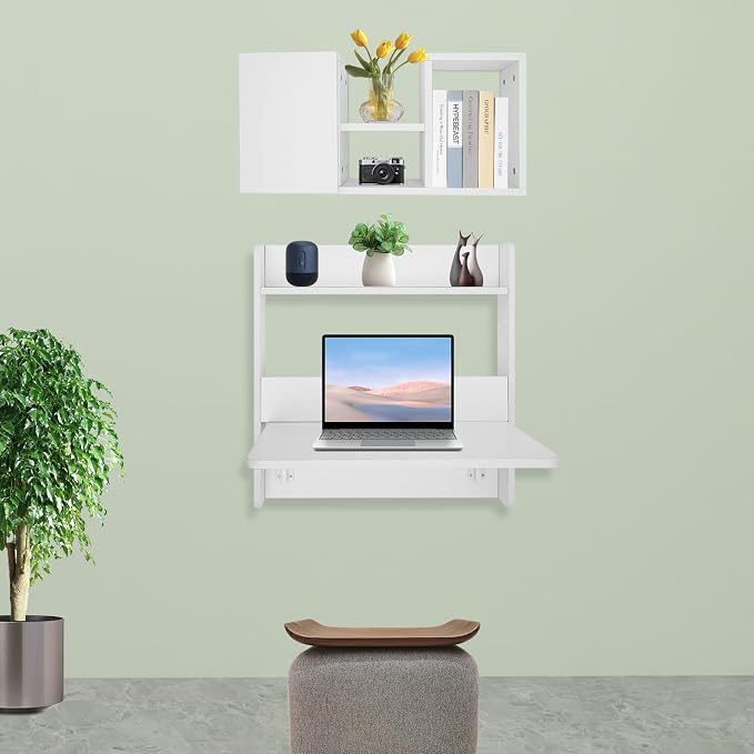 Floating Desk, 24" Wall Mounted Folding Desk with Bookshelf Folding Wall Desks Space Saving Workstation with Storage Shelves for Home Office Bedroom Study Room Small Space