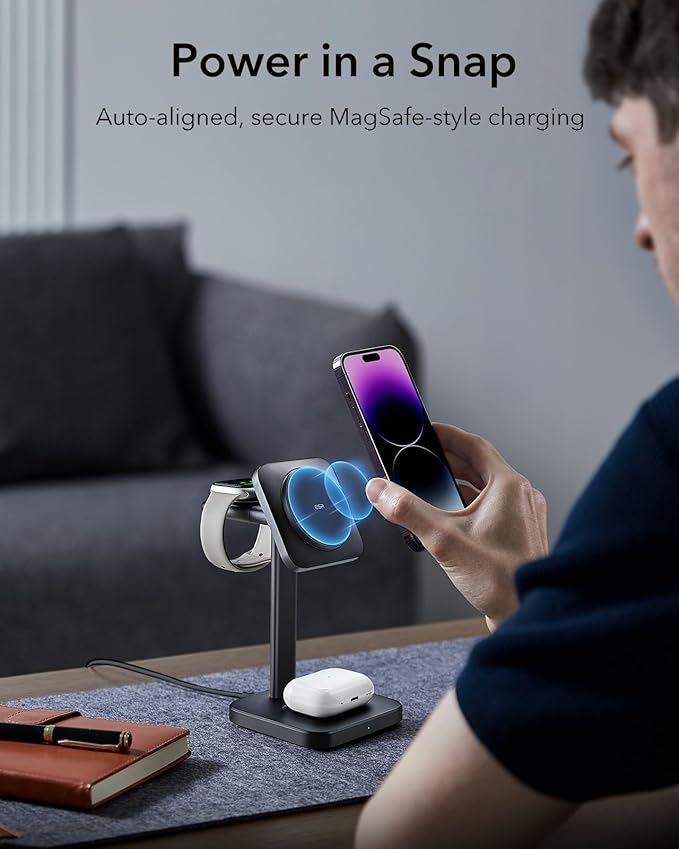 ESR 3 in 1 Wireless Charging Station for Apple[Certified] Portable Apple Watch Charger & MagSafe Charger Stand, Wireless Charger for Multiple Devices iPhone 17e/17/16/15/14/13/12&Watch&AirPods, Black