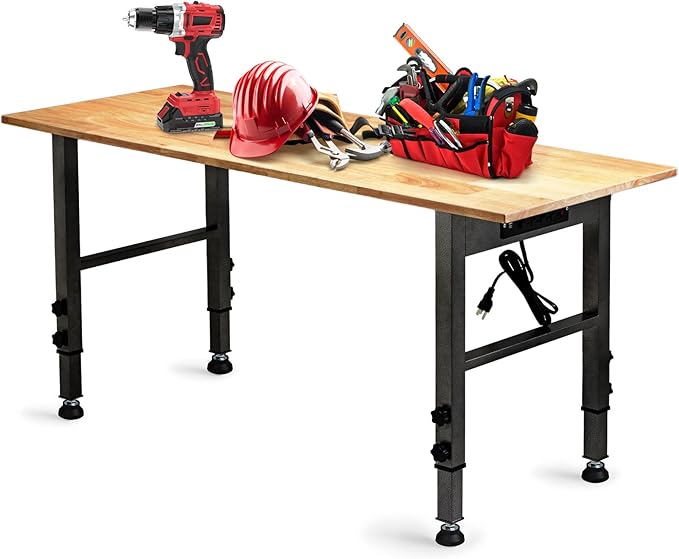OLBRUS 54.3 "Adjustable Workbench with Power Outlet, Heavy Duty 2000 LBS Load Capacity Hardwood Workbench Suitable for Workshop, Office, Garage, Home (Rubber Pad丨Power Outlets 54.3"x21.6")