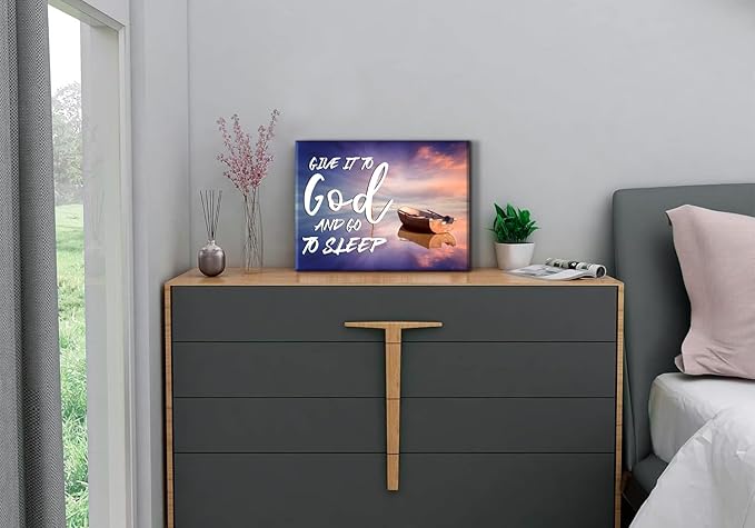 Beach Christian Wall Art Canvas Give It to God and Go to Sleep Religious Sign Poster Bedroom Wall Decor Bible Verse Scripture Artwork Sunset Boat Picture Living Room Above Bed Home Decorations 12x16''