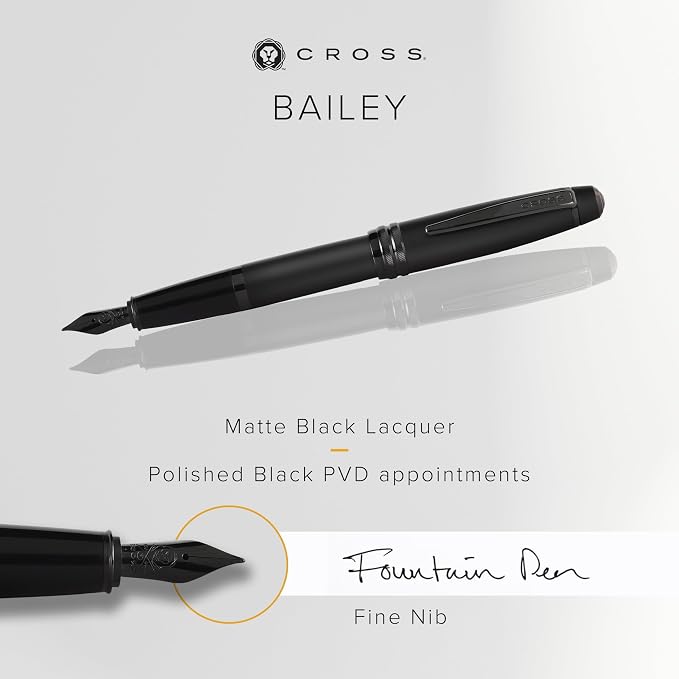 Cross Bailey Matte Black Lacquer Stainless Steel Fine Nib Fountain Pen - Professional Fountain Pen for Effortless Writing - Refillable - Black Ink - Gift-Ready