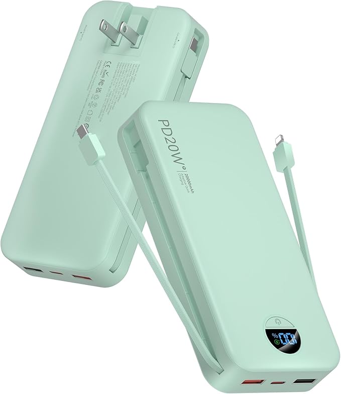 citicr Portable Charger 20000mAh PD20W w/Built-in Cables & Wall Plug Green | High capacity, Fast charging, Built-in wall plug, LED display, Charge 5 devices at once, Pass through charging, TSA approved