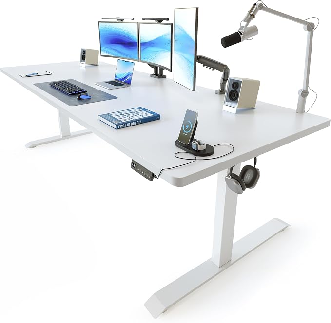 FEZIBO 83 x 37 Inch Electric Standing Desk with Integrated Dual-Beam & Cable Management, Memory Height Adjustable Computer Desk for Home Office Workstation, 1" Thick Large 3-Piece Tabletop White