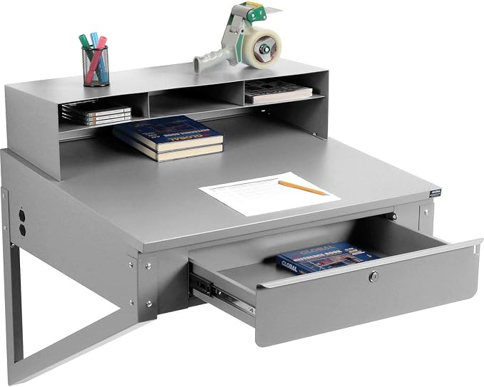 Global Industrial Wall Mount Shop Desk with Pigeonhole Riser, 34" W x 30" D, Steel Construction with Gray Powder Coat Finish, Standing Workstation, for Warehouses & Receiving