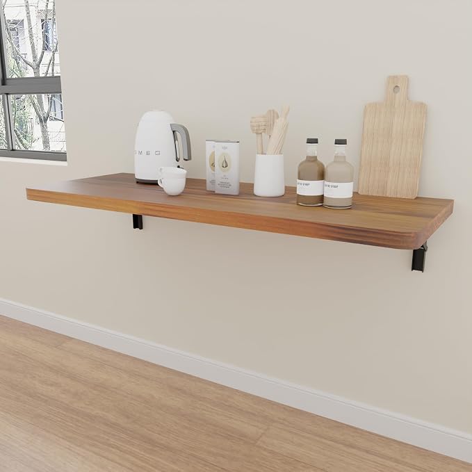 IAE Wall Mounted Folding Table with Pine Wood,36" x 14" Floating Wall Desk,Laundry Folding Table with Shelf Brackets,Fold Down Desk Shelf,Fold Workbench for Apartments,Home,Laundry Room,Kitchen,Teak
